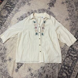 Alfred Dunner Cream Blouse with Floral Embroidery